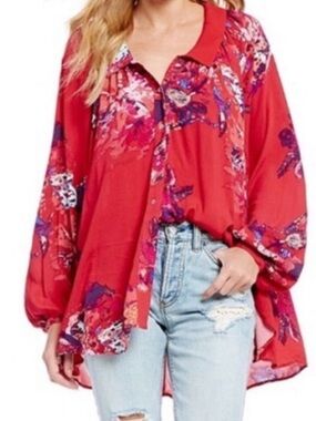 Free People Red Floral Over Sized Blouse - Women Sz XS